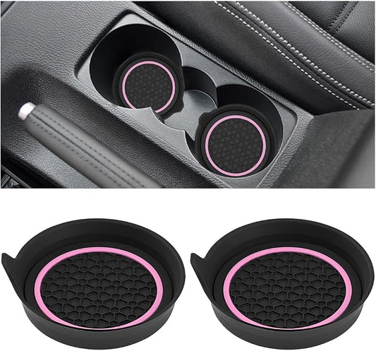 HZEL Car Cup Holder Coasters, 2PCS Non Slip Waterproof Vehicle Water Bottle Pads, Recessed Automotive Drink Mat Decoration Accessories, Universal Fit (Pink/Black)