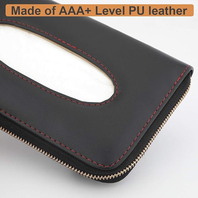 Car Tissue Holder - Sun Visor Napkin Holder, PU Leather Backseat Tissue Case with Zipper (Black)