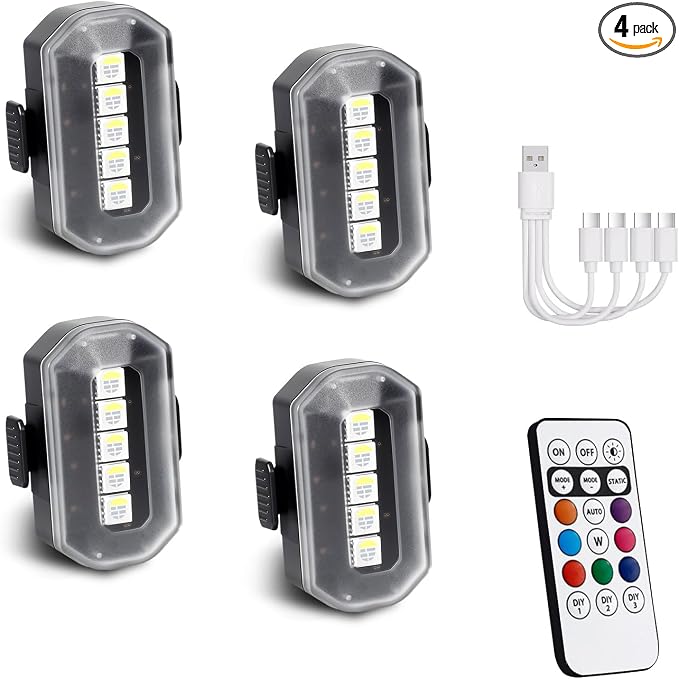 PIFOOG 4-Pack Wireless Strobe Lights for Car, Rechargeable LED Warning Lights with Remote Control, IP67 Waterproof, USB-C Fast Charging, 8 Colors, 3 Brightness Levels for Motorcycle, Bike & Scooter