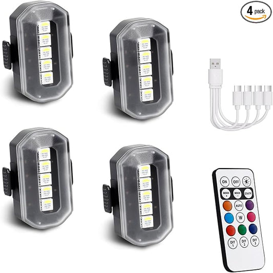 1797 Upgraded 5-LED Wireless Strobe Lights with Remote, RGB Exterior & Interior Ambient Lighting, 8 Colors & 5 Modes, USB-C Rechargeable, 4 PCS Waterproof Mini Lights for Car, Truck, Bike, Motorcycle