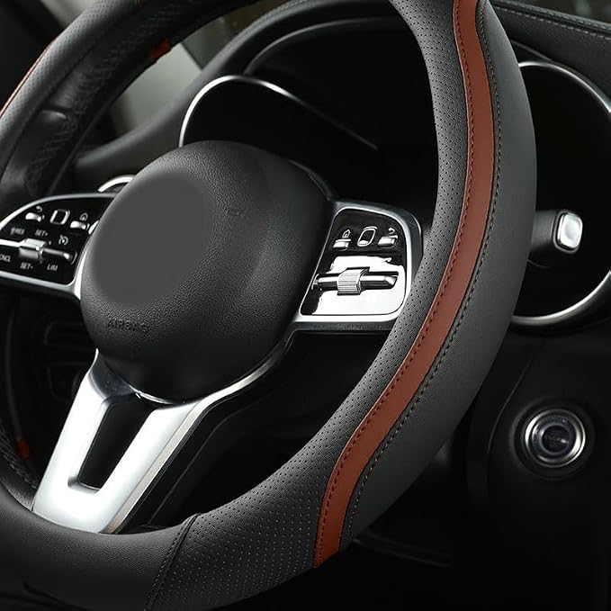 Car Steering Wheel Cover, Leather Steering Wheel Cover Brown Universal 14.5-15 Inch Microfiber Leather Anti-Slip Breathable Auto Steering Wheel Covers for Men Women (Brown)