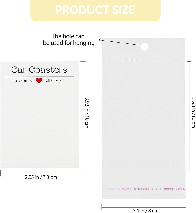 Vcekract 100Pcs Car Coaster Packaging for Selling, Sublimation Car Coasters Cards with 100Pcs Bags, Car Coaster Packaging, Coasters Display Cards 3.93x2.85In, Heat Press Machines Accessories