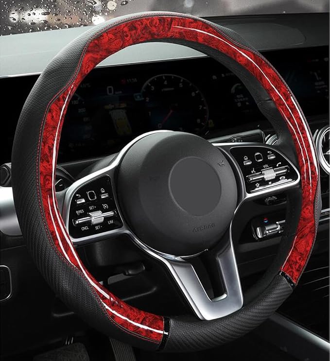 Peach Wood Grain Steering Wheel Cover Anti-Slip Breathable Durable Leather Four Seasons Universal 15 Inch Car Wrap Cover (Red)