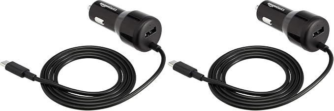 Amazon Basics 30W Fast Car Charger, 1 USB-C (18W) Cable with PD, 1 USB-A (12W) Port, Apple MFi Certified, for Phones (iPhone 16/15/14/13/12/11/X, Samsung, and More), Black (Pack of 2)