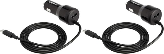 Amazon Basics 30W Fast Car Charger, 1 USB-C (18W) Cable with PD, 1 USB-A (12W) Port, Apple MFi Certified, for Phones (iPhone 16/15/14/13/12/11/X, Samsung, and More), Black (Pack of 2)
