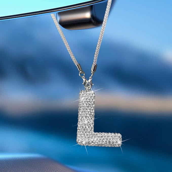 Bling Car Accessories for Women Letter Charm, Rear View Mirror Ornament Cute Hanging Crystal Pendant Girl Car Decorations, Lucky Diamond Rhinestone Girly Charm Interior (White L)