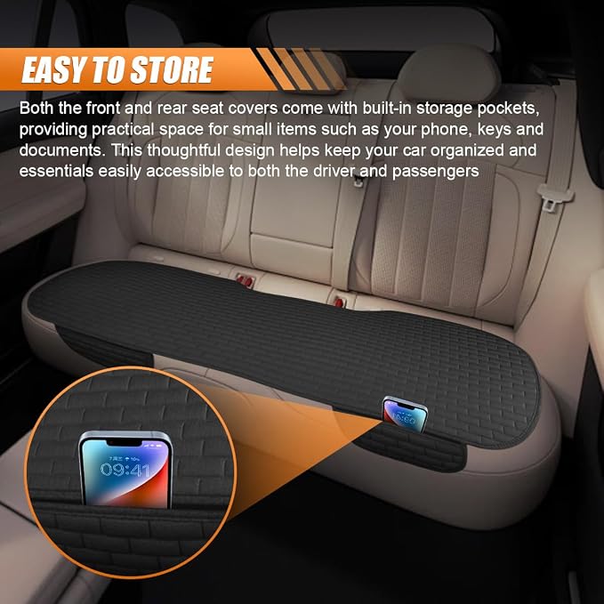 Car Rear Seat Cover, Breathable Linen Auto Seats Cushion (Black) | Anti-Slip Vehicle Seat Pad with Storage Pocket, Universal Automotive Seats Protection Mat for Car, SUV, Truck
