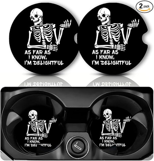 Yonlevres Car Coasters for Cup Holders，2.75" Anti Slip Rubber Mat with A Finger Notch, 2 Pack Car Cup Holder Coasters for Car Interior Accessories for Women Men Skull Skeleton