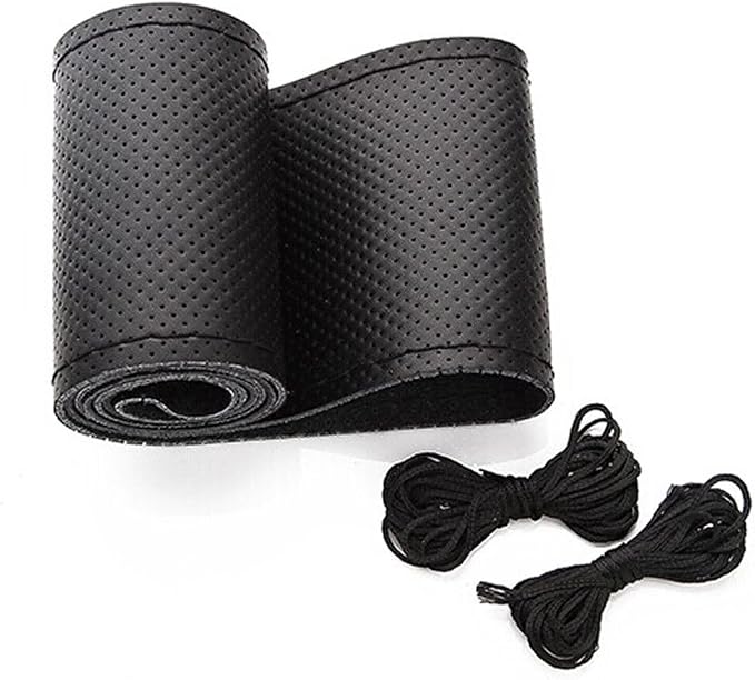 Onerbuy Universal Leather Car Steering Wheel Stitch On Wrap Cover DIY Sewing Breathable and Anti Slip, Maximum for 15-Inch Diameter Car Steering Wheel (Black)