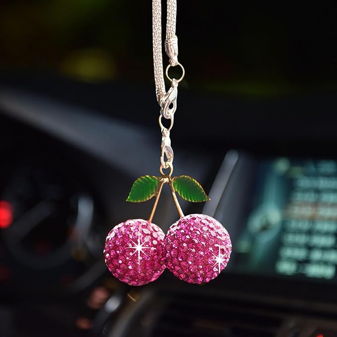 Bling Cherry Car Hanging Ornament, Cute Crystal Rear View Mirror Pendant, Sparkly Diamond Rearview Mirror Charms, Lucky Car Interior Decor Accessories (Purple)
