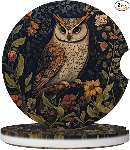 Ceramic Car Cup Coasters 2PCS - Owl | with Cork Back & Finger Slot, Anti-Slip Shock Absorbing, Universal Car Interior Accessories for Men Women