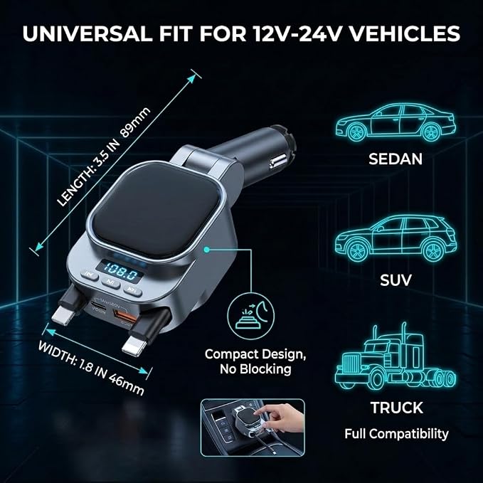 Bluetooth 5.3 Car Adapter, 96W FM Transmitter, 4-in-1 Retractable Charger | 96W Fast Charging | Bluetooth 5.3 Auto-Reconnect | 2 Retractable Cables (USB-C+Lightning) | 2 USB Ports | AUX+FM