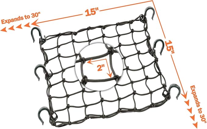 Small Cargo Net 15"x15" Stretches to 30"x30" with Thicken Hooks | Natural Latex Core, Tight 2”x2” Mesh Heavy Duty Bungee Net for Motorcycle Helmet, Bike, ATV, UTV, Luggage (Black, 2 Pack)