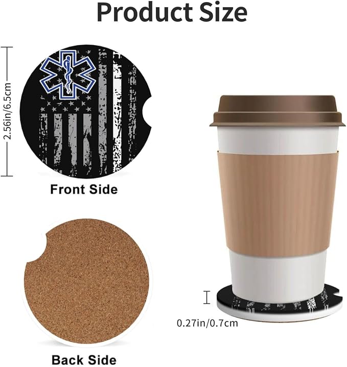 Thin White Line EMS Paramedic American Flag Absorbent Ceramic Car Coasters 2 Pack Insert Cupholder Coaster Car Cup Holder Mat with Finger Notch Anti-Slip Cork Base Drink Coasters 2.56 in