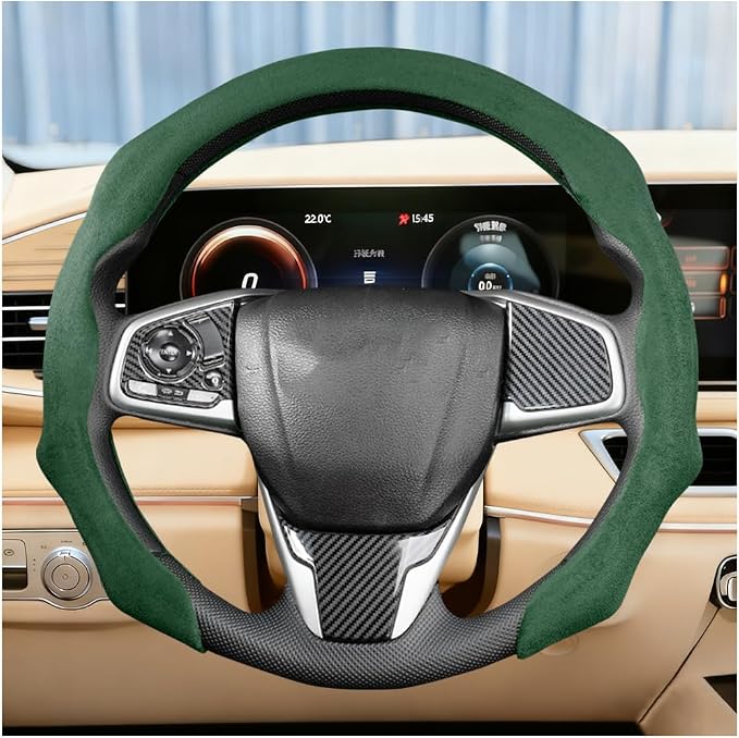 Car Steering Wheel Cover, Soft Brethable Suede Non-Slip Vehicle Steering Wheel Protector, Comfortable Sporty Auto Interior Protection Accessories, Universal for Truck SUV Van (Dark Green)