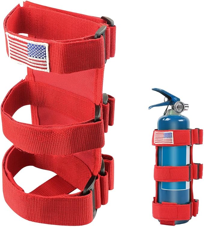 Fire Extinguisher Holder, Roll Bar Adjustable Extinguisher Strap Brackets with USA Flag Pattern, Secure Fire Extinguishers Mount Replacement for Wrangler CJ JK JKU TJ JL JLU (Red)