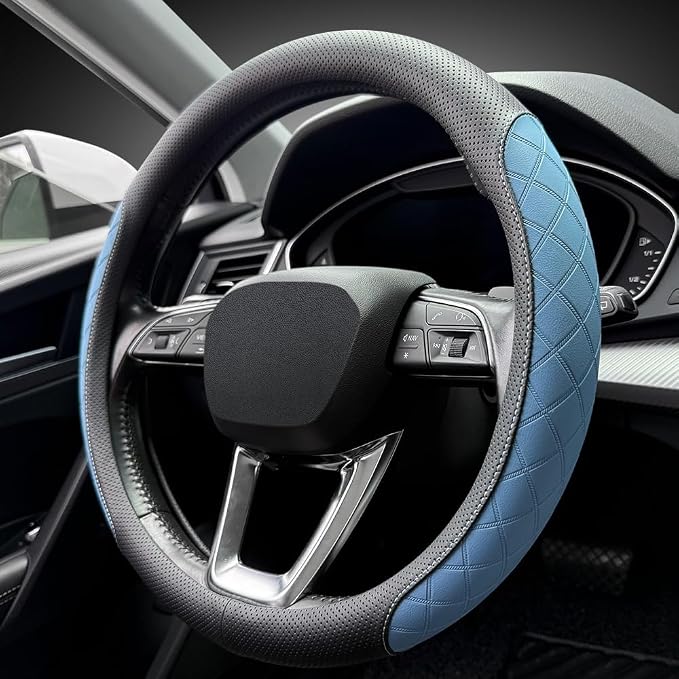 LKWLIKEI Nappa Leather Steering Wheel Cover,Elegant Diamond Checkered Design, Non-Slip wear-Resistant, Enhance Driving Comfort, Suitable for Steering Wheel Diameter 14 1/2‘-15’ Models.Black Blue