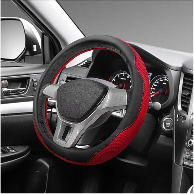 Microfiber Leather Steering Wheel Cover, Breathable Steering Wheel Protector with Anti-Slip Inner Ring, Universal 14.5"-15" Car Wheel Cover Auto Interior Decor for Men Women (Red)