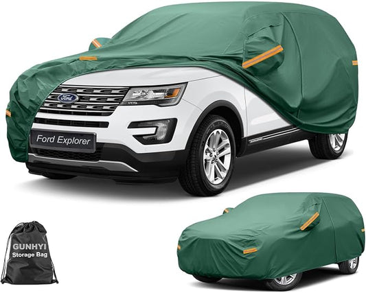GUNHYI SUV Car Cover Waterproof All Weather, 16-Layer Heavy Duty Full Exterior Cover with Vents, Driver Door Zipper & Towel, Summer Sun/UV/Rain Protection, Fit Ford Explorer, Toyota Highlander etc.
