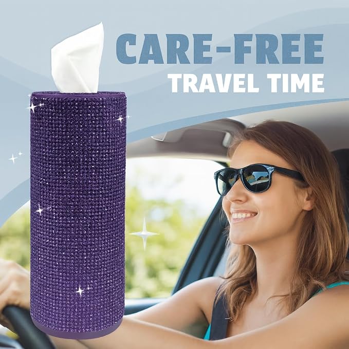 Bling Car Tissue Holder for Cup Holder – Sparkly Rhinestone Round Tissue Dispenser with 1 Pack Tissues – Fits Standard Auto Cup Holders – Stylish Car Interior Accessory for Women (Purple)