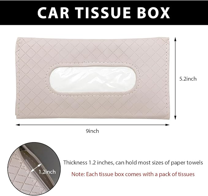 Car Tissue Holder, Leather Sun Visor Hanging Napkin Holder with Tissue Refill, Clip-On Visor Mask Dispenser Premium Paper Towels Case for Vehicles, Universal Car Accessories (Beige)