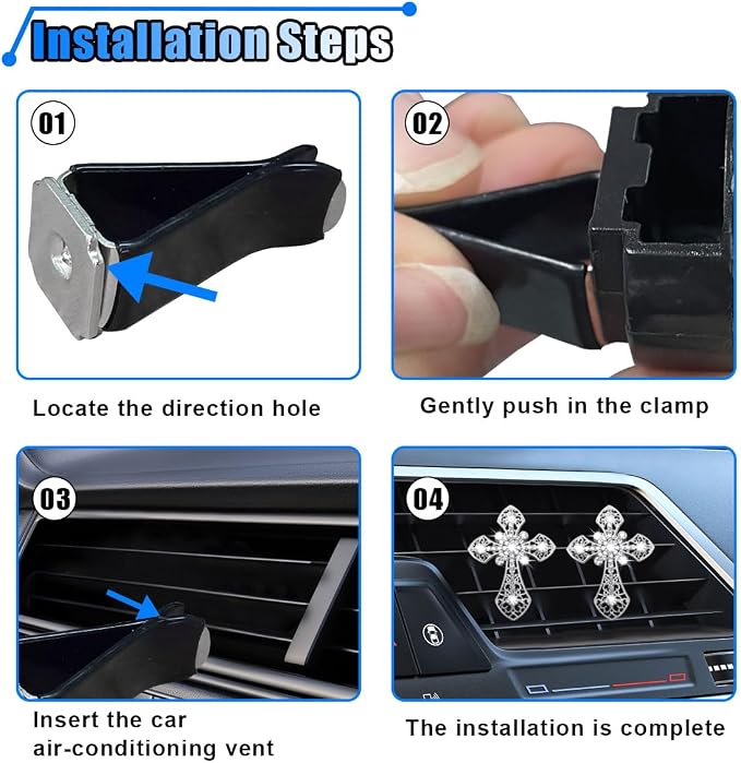 Bling Car Dashboard Air Vent Trim Clips, Crystal Rhinestone Air Vent Clips, Car Interior Decoration Accessories, Cross Air Conditioning Outlet Clip for Women Girls (Silver, 2PCS)