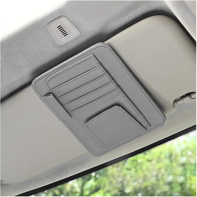 povtii Car Sun Visor Organizer, Waterproof Leather Car Sun Visor Storage Clip, Multifunctional Vehicle Sun Visor Folder with Sunglasses Clip, Universal Interior Car Accessories (Gray)