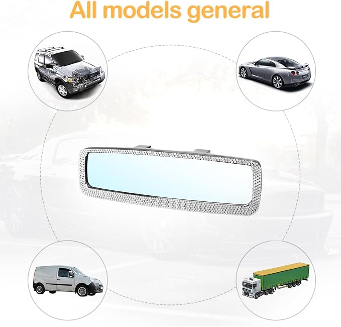 Osilly Bling Car Rearview Mirror, Decorations Rear View Mirror with Crystal Rhinestones & Diamonds, Car Interior Trim Accessories, Clip-on & HD Glass, Sparkly Gift for Mother Women Girls (Silver)