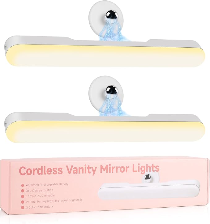 cambk Set of 2 Wireless Vanity Makeup Lights for Mirror, Stick On Rechargeable Light Bar for Bathroom Mirror with 3 CCT&Dimmable, Cordless Battery Operated Touch Control Lighting