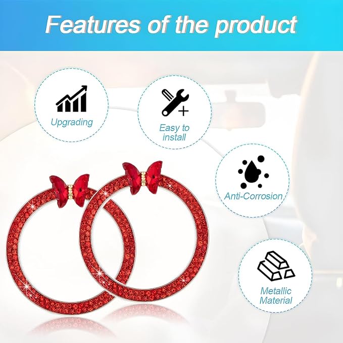 2PCS Bling Car Engine Start Stop Decoration Ring, Crystal Rhinestone Auto Push Start Button Ignition Ring Sticker, Vehicle Decor Accessories for Women Girls, Universal for Vehicles (Red)