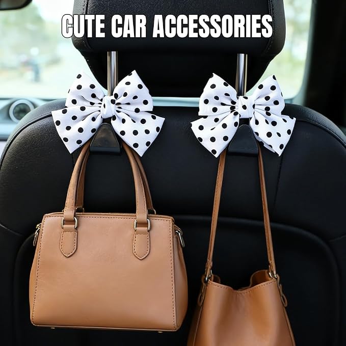 2PCS Car Seat Headrest Hooks, Car Purse Hook, Cute Bow Knot Vehicle Seatback Hanging Storage Organizer, Auto Seatback Decor Organizer Hanger for SUV Truck (White/Polka Dot)