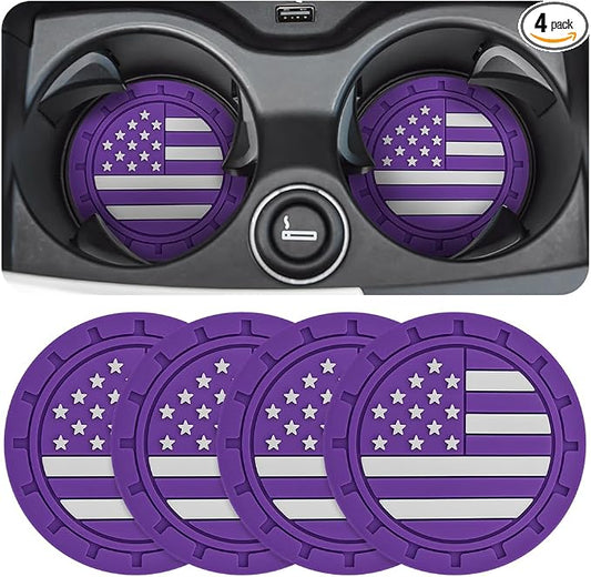 Osilly Car Cup Holder Coasters, 4 Pack American Flag Insert Car Cup Coaster, 2.75 Inch PVC Anti Slip Shockproof Embedded Drink Mat, Car Interior Decoration Accessories for SUV, Truck(Dark Purple)