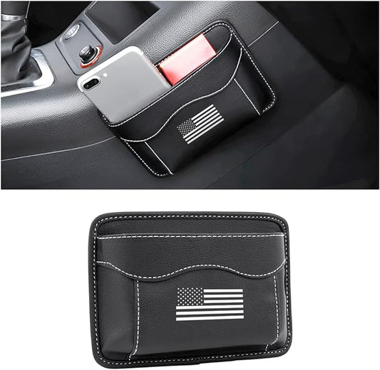 Moly Magnolia Car Seat Side Pocket Organizer, American Flag PU Leather Storage Bag, Pen Phone Holder Tray Pouch Seat Gap Filler, Interior Accessories for Auto Door Window Console (Black/Flag)