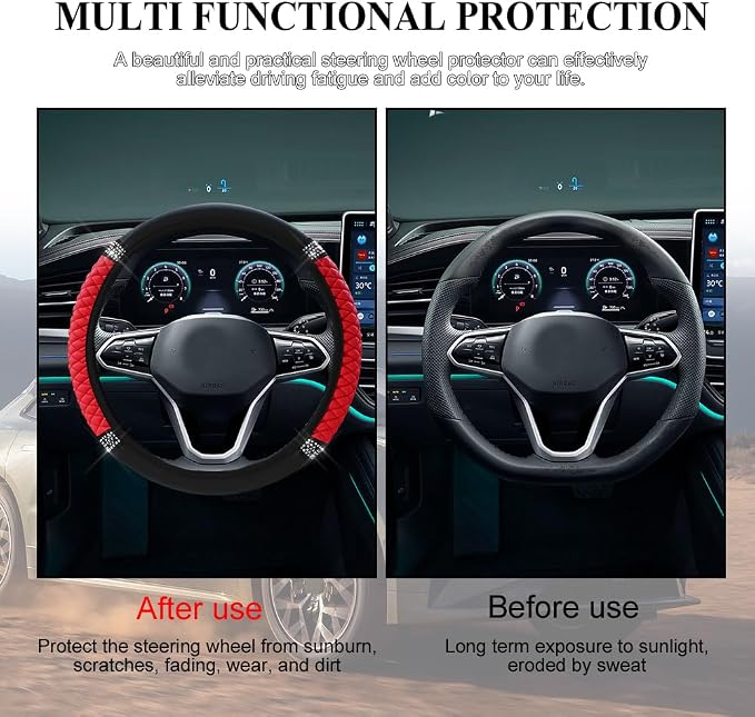 Bling Soft Leather Steering Wheel Cover, 15 Inch Colorful Rhinestones Auto Elastic Steering Wheel Protector for Women Girls, Car Accessories Anti Slip Steering Wheel Cover for Cars, SUVs (Red)