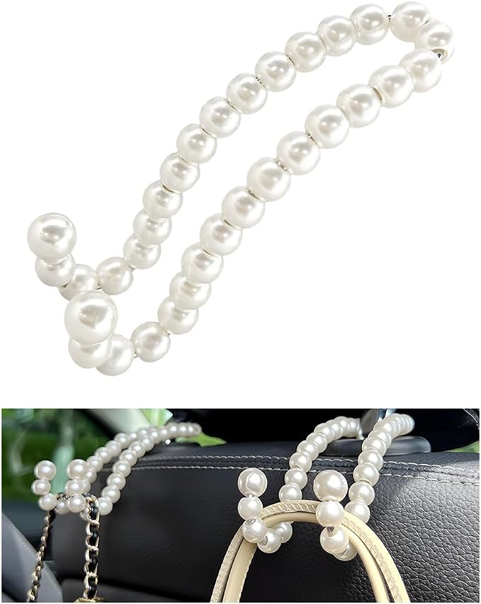 DXNQ Elegant Pearl Car Seat Headrest Hook, Cute Car Seat Hook Hanger Storage Organizer for Handbag Purse, Interior Decoration Headrest Hanger for Women Girls, Car Accessories