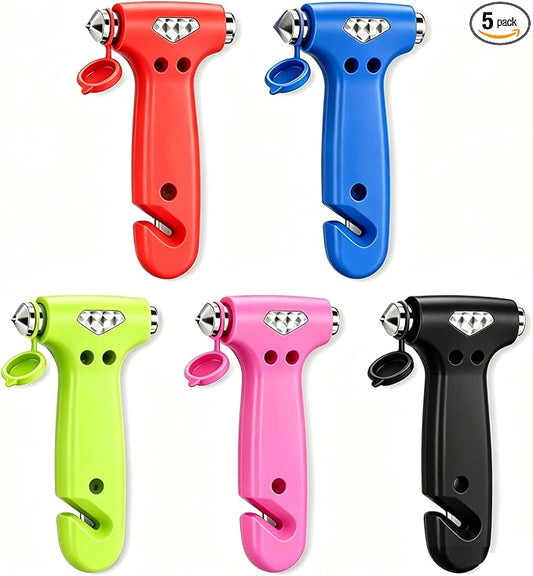 VZZNN 5-Pack Car Safety Hammer, 2-in-1 Window Breaker Seatbelt Cutter | Emergency Escape Tool, Carbon Steel Tip, Stainless Steel Blade, Ergonomic Design, Multicolor