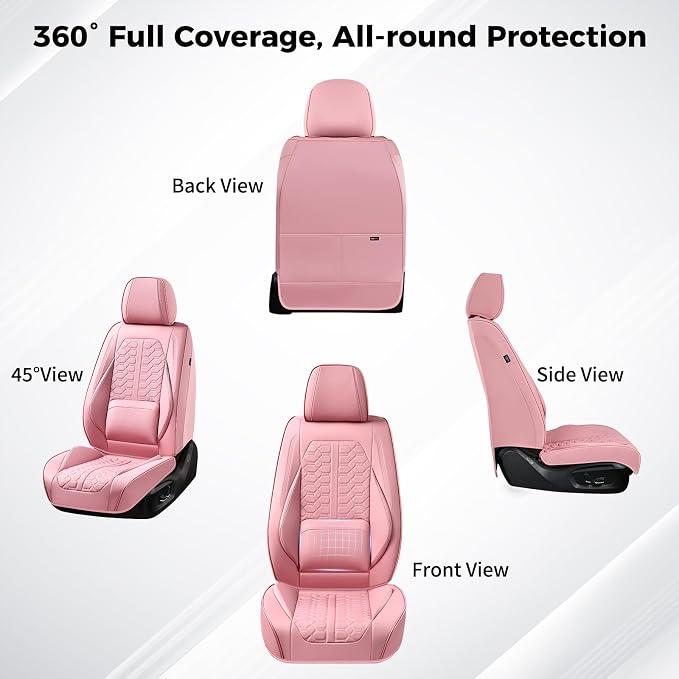 Huidasource Pink Car Seat Covers Front Seat, 360° Full Wrap Leather Seat Cushion Covers Universal Fit for Most Cars SUV Trucks, Automotive Seat Covers, Retain Functions, Protect Original Seat