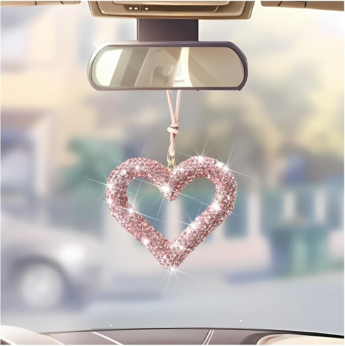 Mandark Bling Heart Car Hanging Accessories, Crystal Rhinestone Vehicle Rear View Mirror Charm Pendant Ornaments, Cute Diamond Auto Interior Hanger Decoration for Women Girls（Pink）