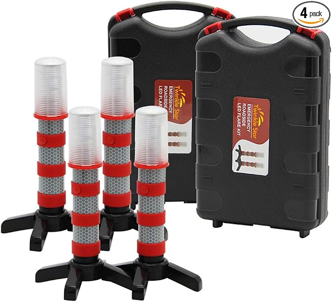 Twinkle Star LED Safety Strobe Road Warning Light, Set of 4 | Emergency Roadside Flares Kit, Highway Beacon Alert Flare, Magnetic Base, Detachable Stand, Solid Storage Case