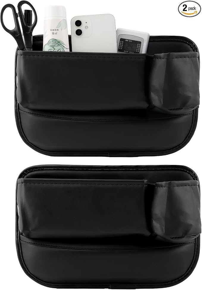 2-Pack Car Seat Gap Filler Organizer, Leather Storage Box with Cup Holder for Driver & Passenger Side, Gap Bag Front Seat Car Storage Accessories for Phone Keys Sunglasses Wallet(COLOR:Black)
