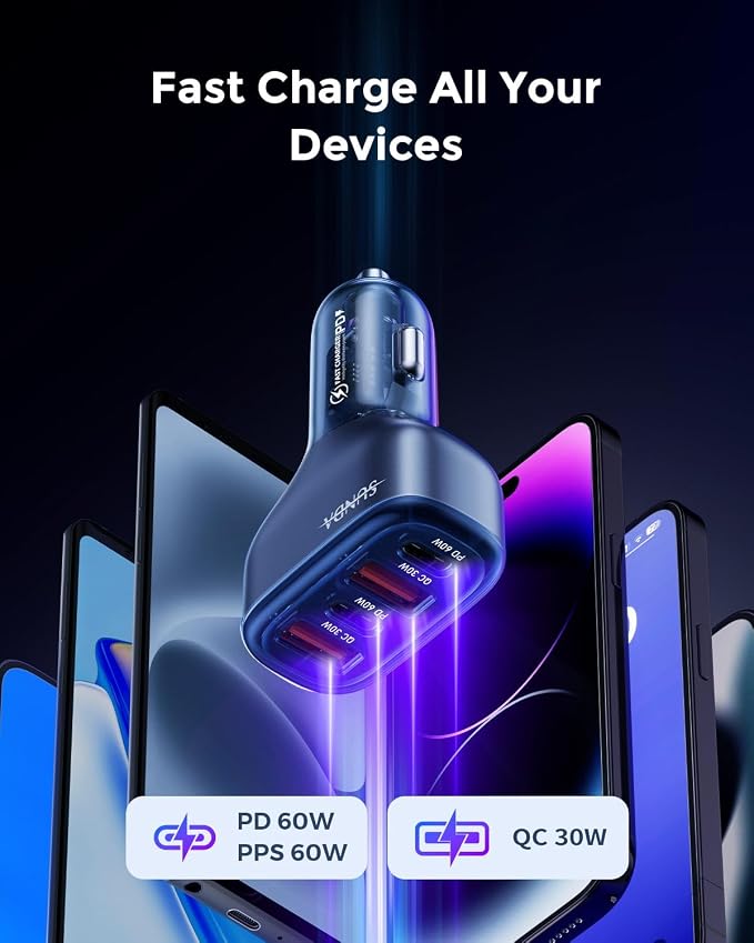 SUNDA 120W USB C Fast Car Charger, 4-Ports Car Charger Adapter, Dual Type C PD60W/PPS60W Compatible with iPhone15/14Pro/Max/iPhone13/Galaxy/SamsungS23, Dual USB-A 18W QC3.0 for Android(Blue)
