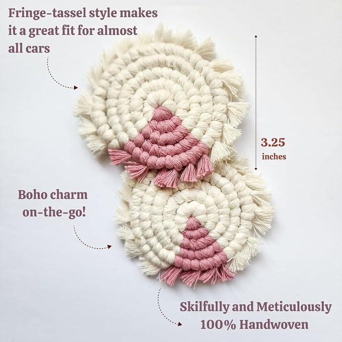 Cotton Car Coasters for Cup Holders, 2PC Car Cup Coasters, Drink Coaster Holder, Cute cupholder Coaster Accessories for Women, Macrame, Boho (Blush Blossom)