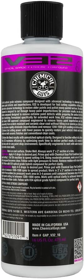 Chemical Guys, V32 Optical Grade Extreme Cutting Compound, Heavy Cut, 16 oz | Aggressive compound levels deep scratches, swirls and sanding marks, then refines for a high-gloss correction