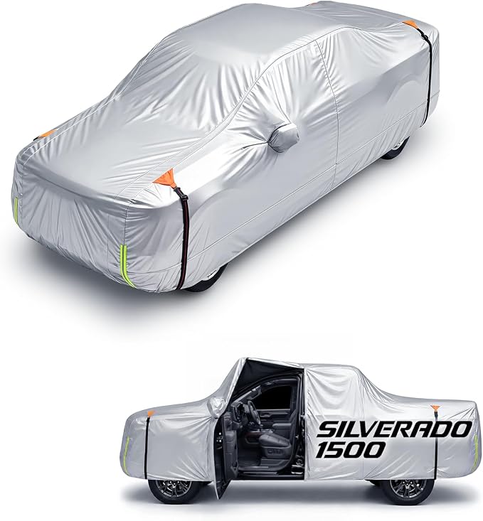 Wigoo Chevrolet Silverado 1500 Truck Car Cover Accessories 2019-2026, Custom Fit Waterproof All Weather Outdoor Full Pickup Cover, Windproof UV Rain Dust Protection, Door Zipper, Breathable Design