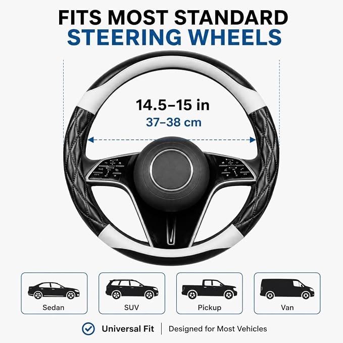 Couslcd 14.5-15 Inch Leather Steering Wheel Cover with Soft Padded Lining, Anti-Slip Comfort Grip, Universal Steering Wheel Protector for Most Cars, SUVs, Trucks (White)