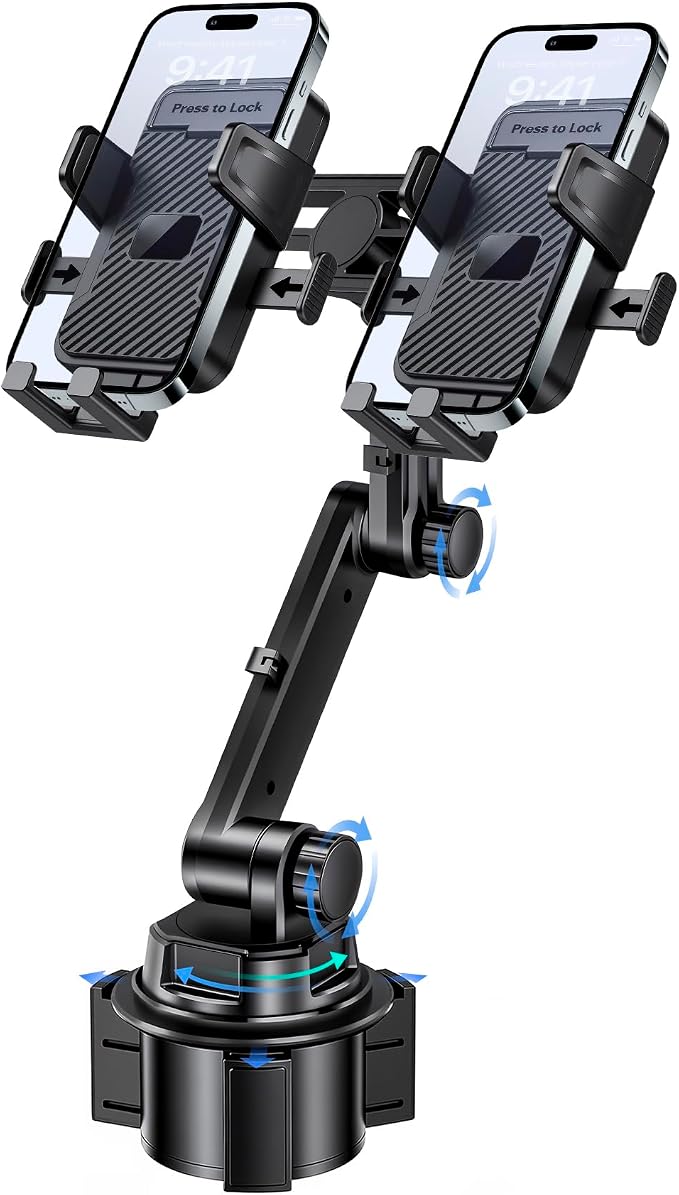 Dual Cup Holder Phone Mount for Car, Fits Two 4-7.2" Phones | Dual Cup Holder Phone Mount for Car, Holds 2 Phones, Adjustable Base 2.55"-3.66", 360° Long Arm, Fits 4-7.2" iPhone & Android