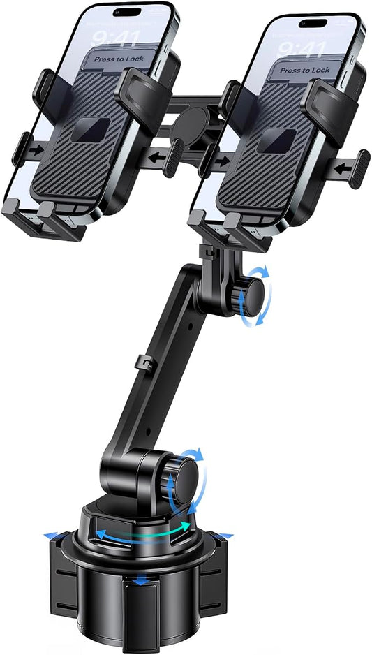 Dual Cup Holder Phone Mount for Car, Fits Two 4-7.2" Phones | Dual Cup Holder Phone Mount for Car, Holds 2 Phones, Adjustable Base 2.55"-3.66", 360° Long Arm, Fits 4-7.2" iPhone & Android