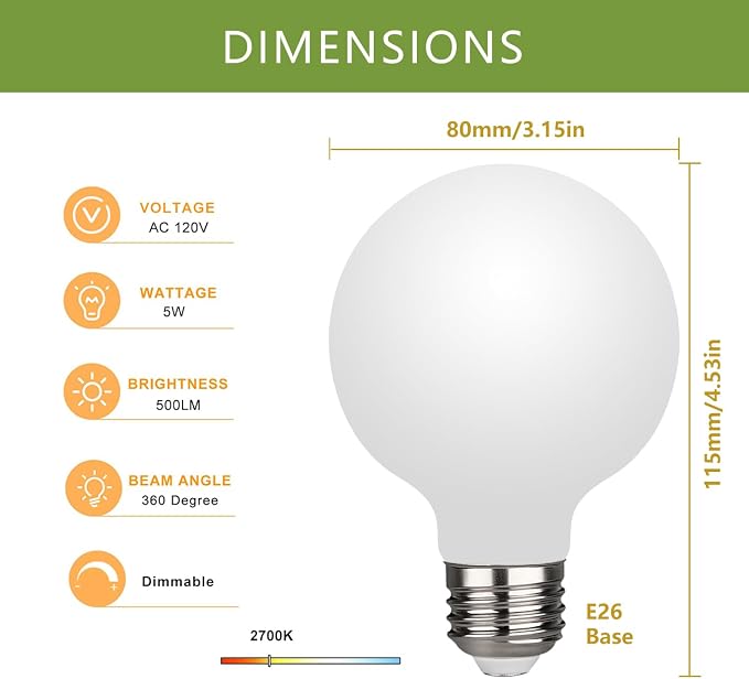G25 LED Globe Light Bulbs, Dimmable 5W (40W Equivalent) LED Round Bathroom Bulbs, Warm White 2700K, 500LM, E26 Base, CRI90+ Decorative Glass Bulbs for Vanity Makeup Mirror Bedroom, 6 Pack