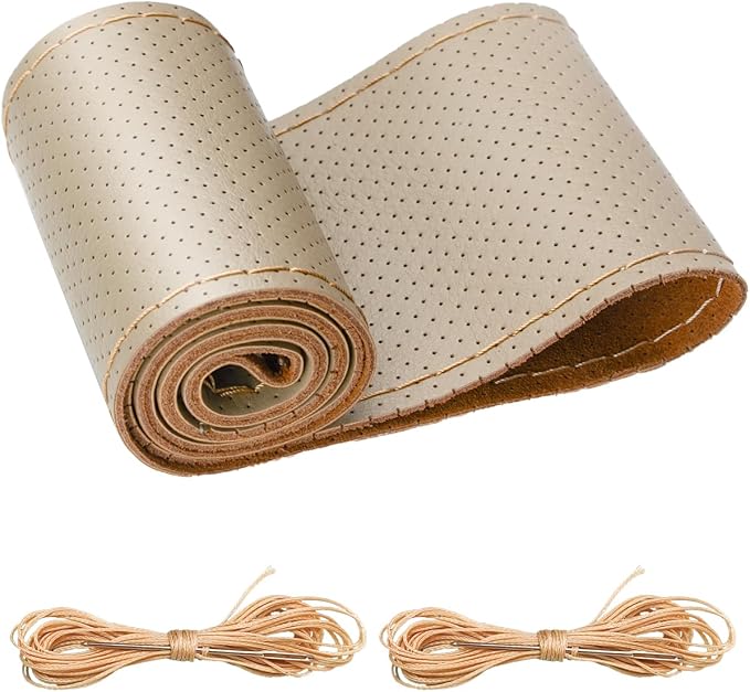 Belinous Perforated Leather Car Steering Wheel Cover (Size M5, Light Beige) | Stitch On Wrap, Universal fit 13-20 Inch, Whole Piece of Cowhide, DIY w/Needle Thread, Breathable Anti-Slip Design