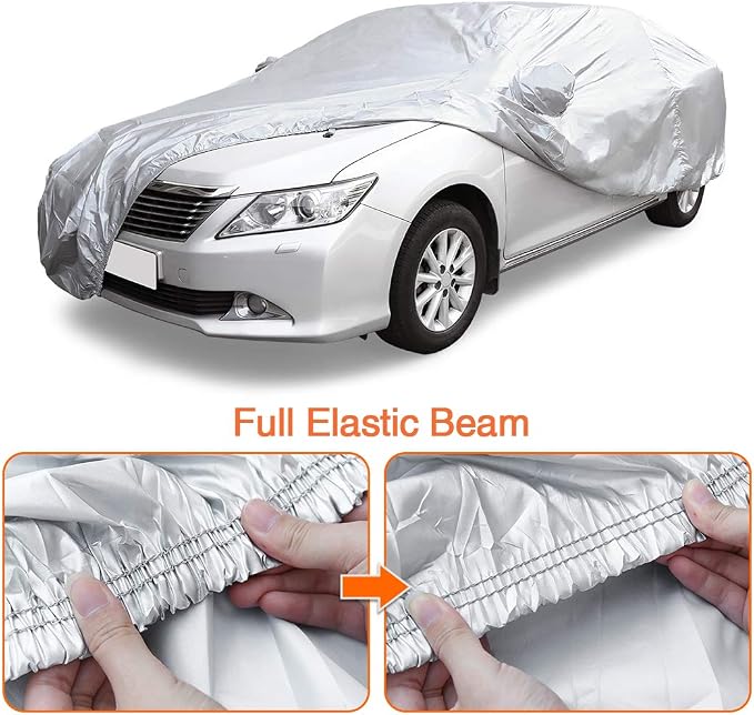 uxcell 3XL Silver Tone 190T Car Cover Outdoor Weather Waterproof Scratch Rain Snow Heat Resistant W Mirror Pocket 490 x 180 x 160cm